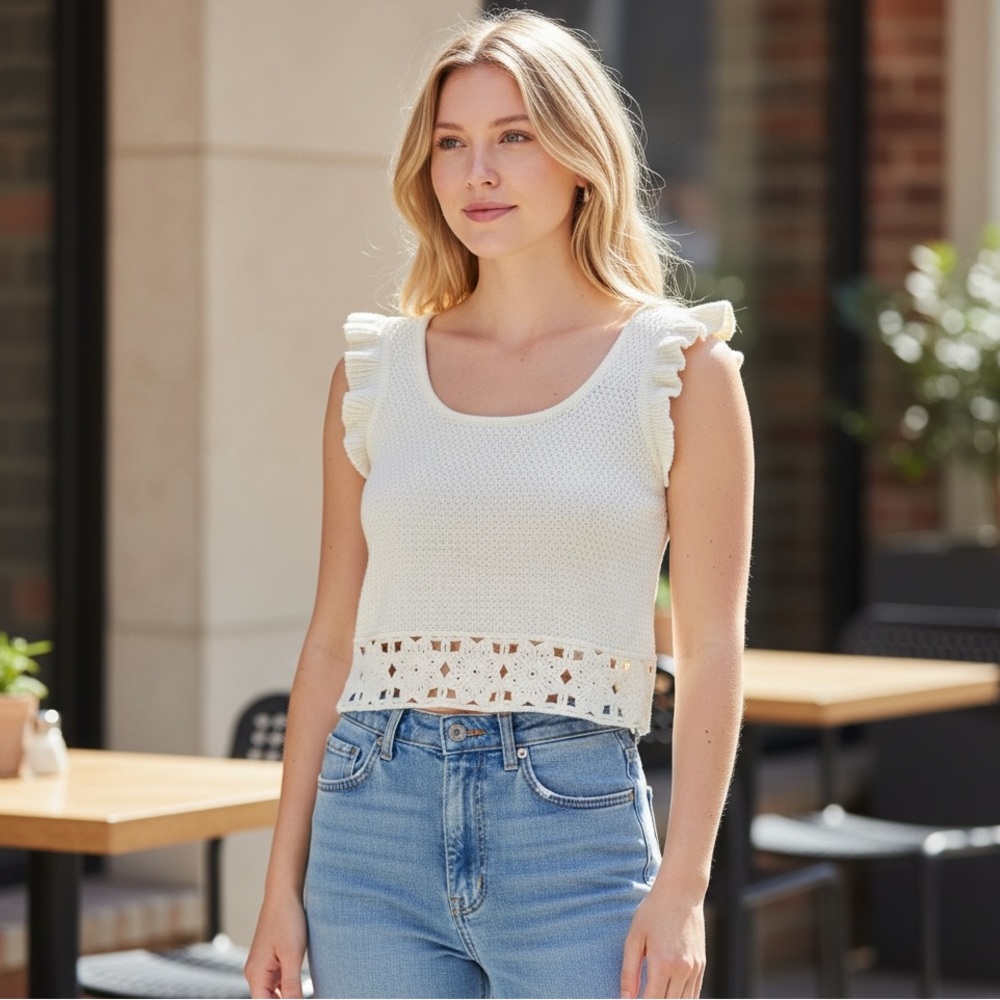 Women’s Cream Crochet Hem Ruffle Sleeve Crop Top